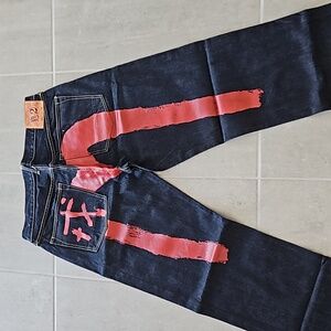 Rare collectable Evisu Men's Navy and Red Jeans Y2K Vintage Men's Size 36